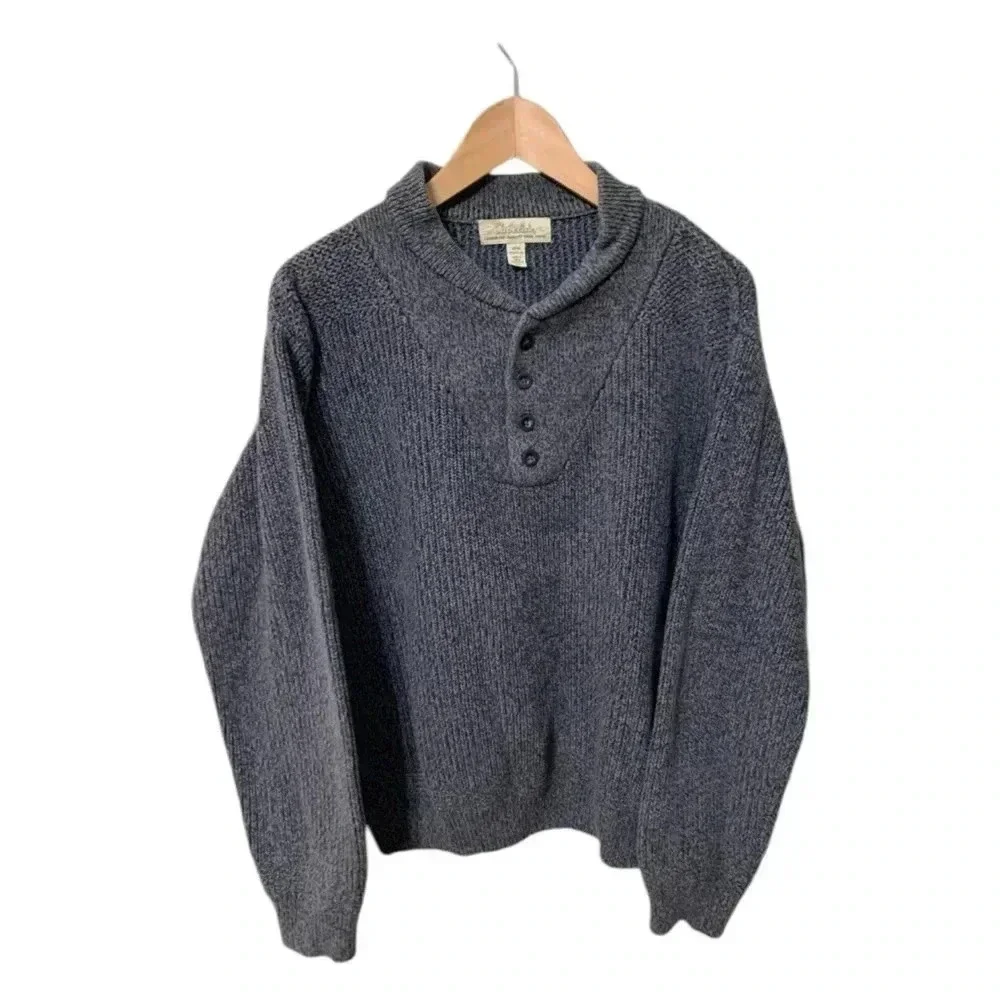 Cabelas Sweater Mens Gray Buttons Medium Knit Cotton Vintage Pullover Cozy